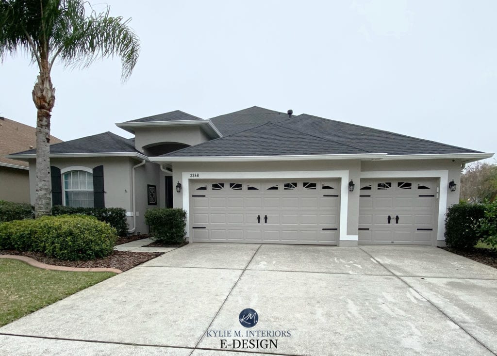 Exterior stucco warm gray taupe paint colour, concrete driveway. Sherwin Williams Requisite Gray, Pure White, Iron Ore door. Kylie MDesign