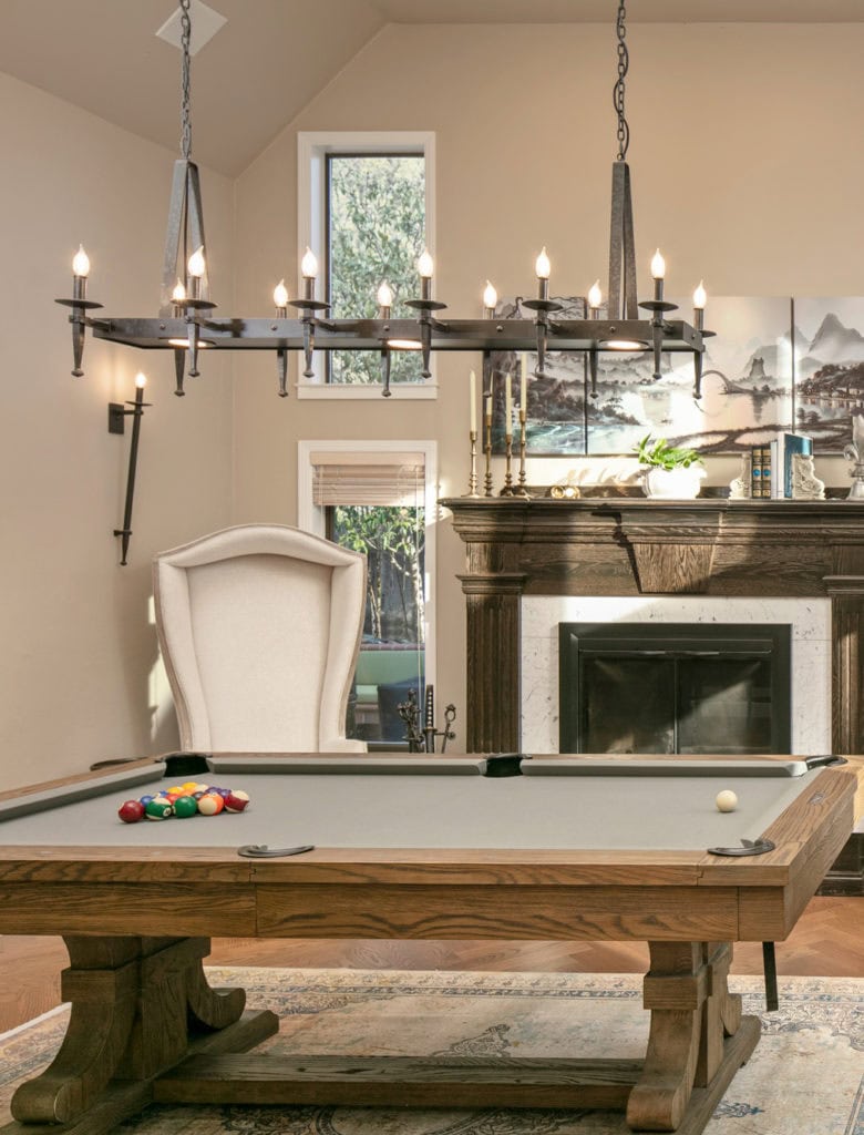 Family room, pool table, gas fireplace, Benjamin Moore stone Hearth taupe beige on the walls. CLIENT PHOTO. Kylie M INteriors. Rick Pharoah photogrpahy