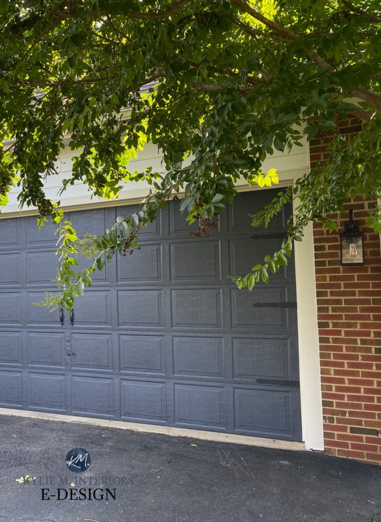 Garage door painted dark blue gray with red brick exterior. Kylie M Interiors Edesign, diy update ideas