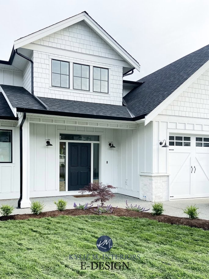 James Hardie siding board and batten, Artic White, dark gray black shingle roof. White Garage door, black front door. Kylie M Interiors Edesign
