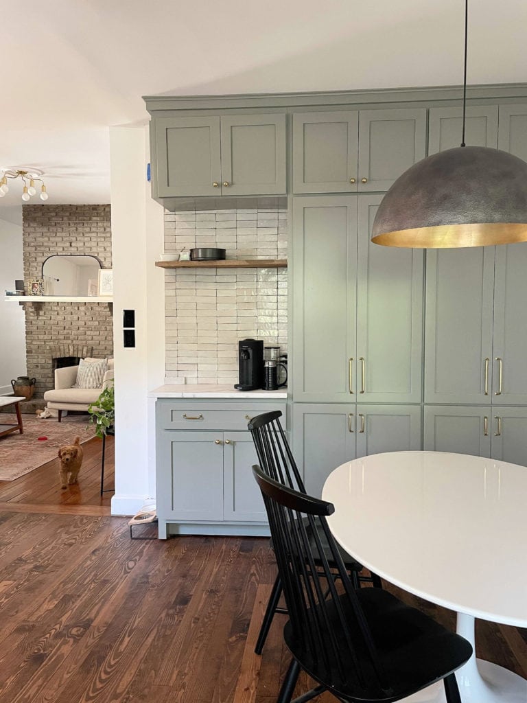 Kitchen pantry wall in Farrow and Ball Pigeon, zellige tile backsplash. green-grya-blue blend cabinet colour. Kylie M Interiors client photo