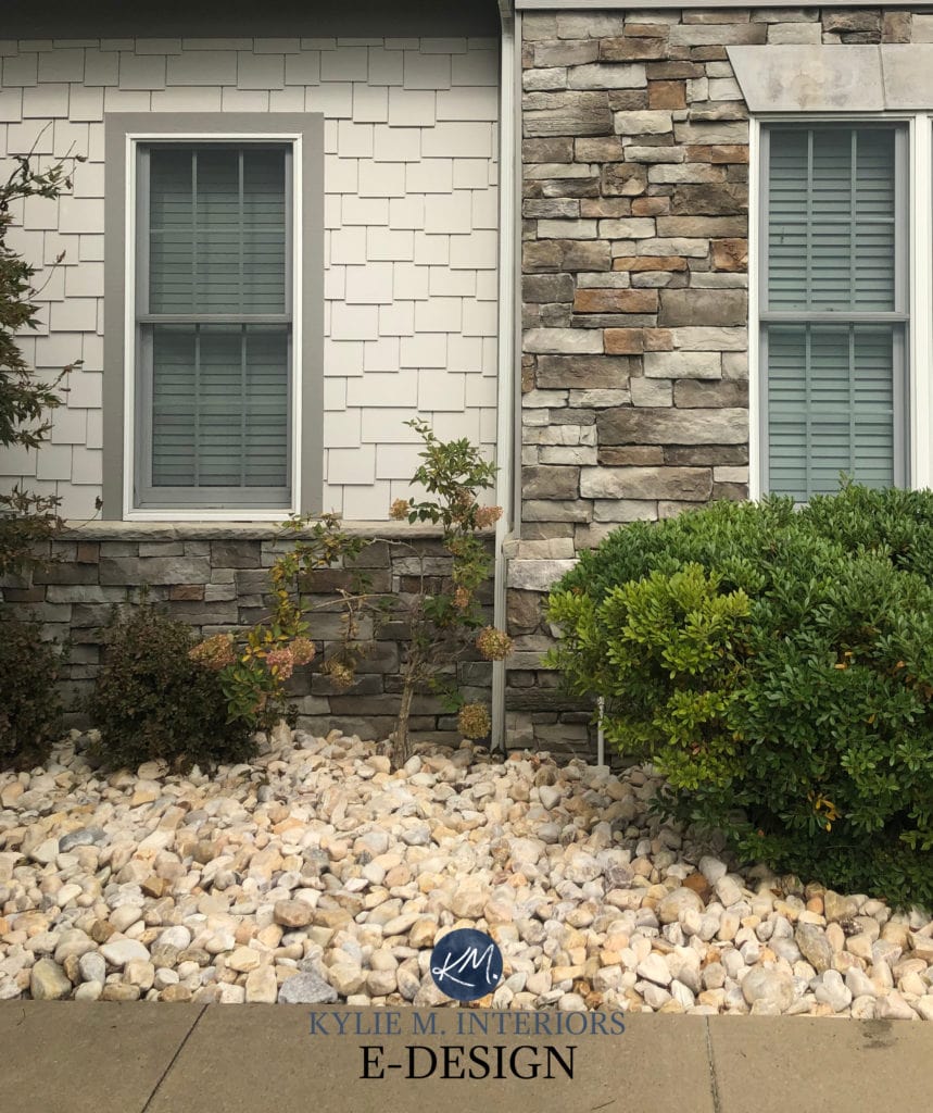 Sherwin Williams Agreeable Gray and Acier on exterior with stone siding. Kylie M Interiors Edesign, online consultant