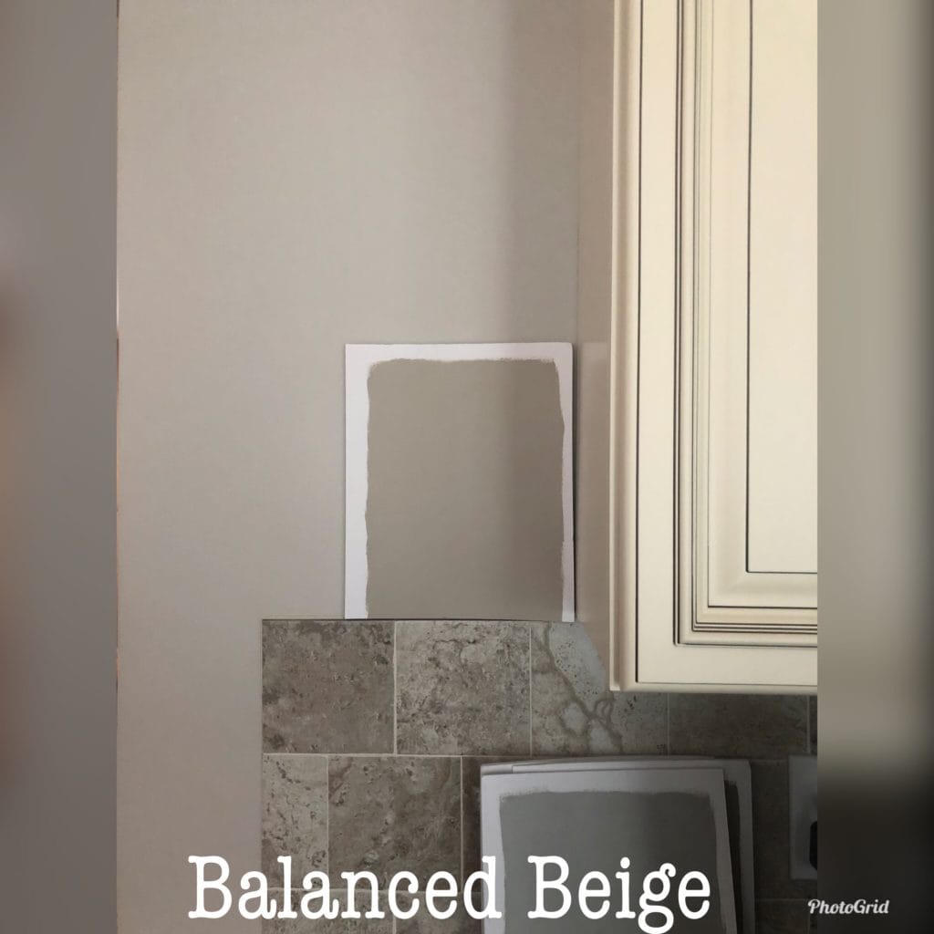 Sherwin Williams Balanced Beige with cream cabinets with glaze, travertine tile backsplash. Update ideas of the best colours. Kylie M INteriors Edesign
