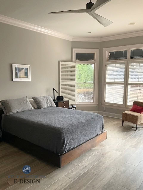 Sherwin Williams Colonnade Gray with cream trim and shutters in bedroom. Best paint colour to go with cream. Kylie M Interiors Edesign, diy update ideas
