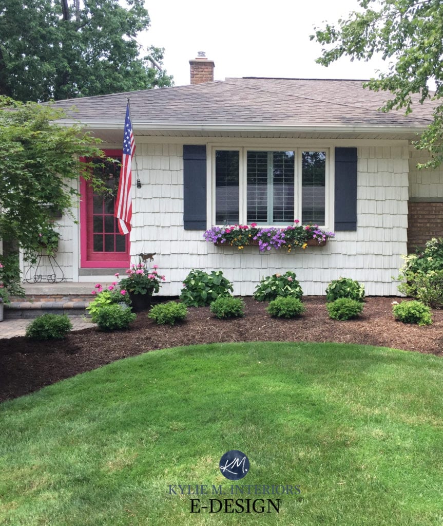Sherwin Williams Cyberspace shutters with off-white siding and bright hot pink front door. Kylie M Interiors Edesign, diy online ideas