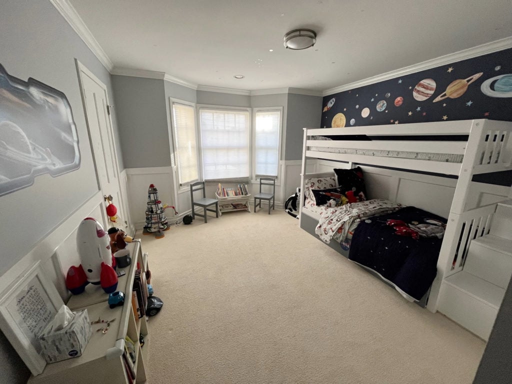 Sherwin Williams Distance, Evening Shadow, Extra White board and batten, boys space room. Kylie M Interiors Edesign