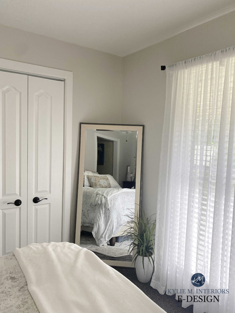 Sherwin Williams Egret White, white trim, warm grey, taupe greige paint colour. Kylie M Interiors Edesign