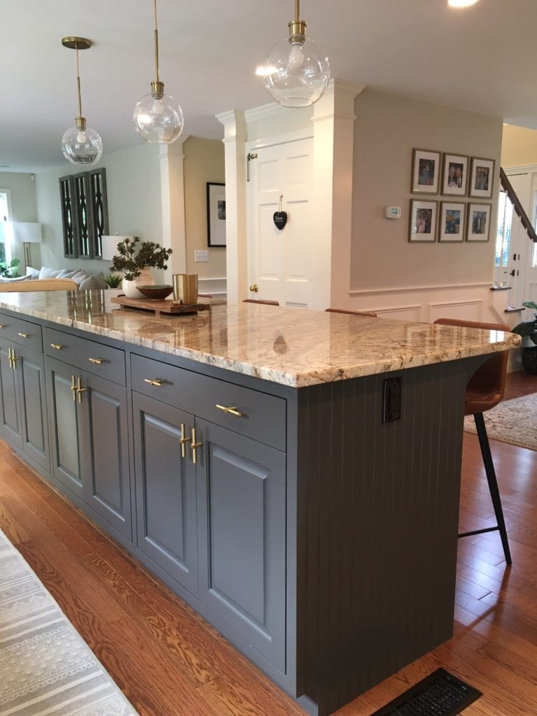 Sherwin Williams Urbane Bronze on painted wood island, orange hue wood floor, granite countertop. Kylie M Interiors Edesign, diy and update ideas