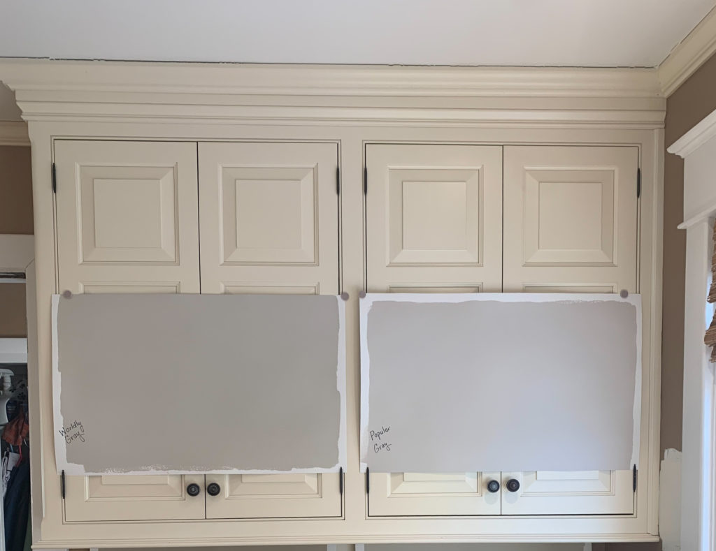 Sherwin Williams Worldly Gray & Popular Gray with Antique White cream cabinets. Doesn't work together. Kylie M Interiors Edesign