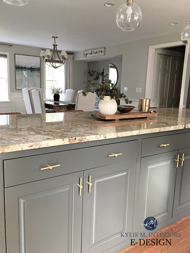 Wood kitchen island painted Sherwin Williams Urbane Bronze with granite countertop. Gold hardware, Kylie M INteriors Edesign, orange wood flooring