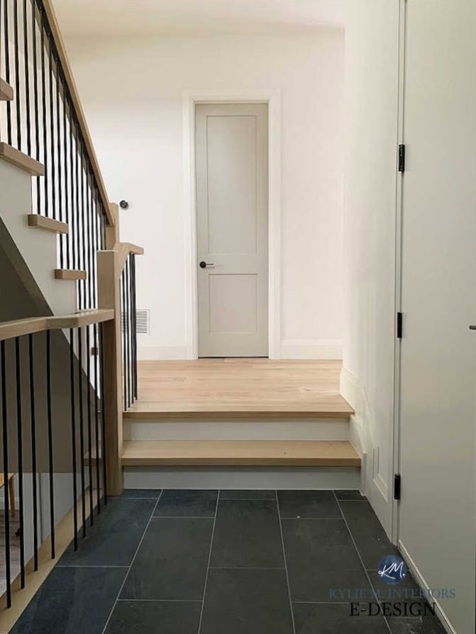 Benjamin Moore White Dove, Revere Pewter painted grey interior doors, slate dark gray tile floor, white oak floor, wood hand rail, black spindle. Kylie M Interiors Edesign