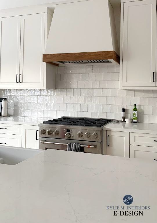 Calacatta Botanica white quartz, marble look countertop, white kitchen, Benjamin Moore White Dove painted cabinets, zellige tile backsplash, Kylie M Interiors Edesign