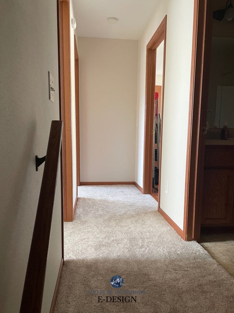 Dark hallway with beige carpet and dark wood trim and doors. Sherwin Williams Aesthetic White off white beige paint color on walls. Kylie M interiors Edesign