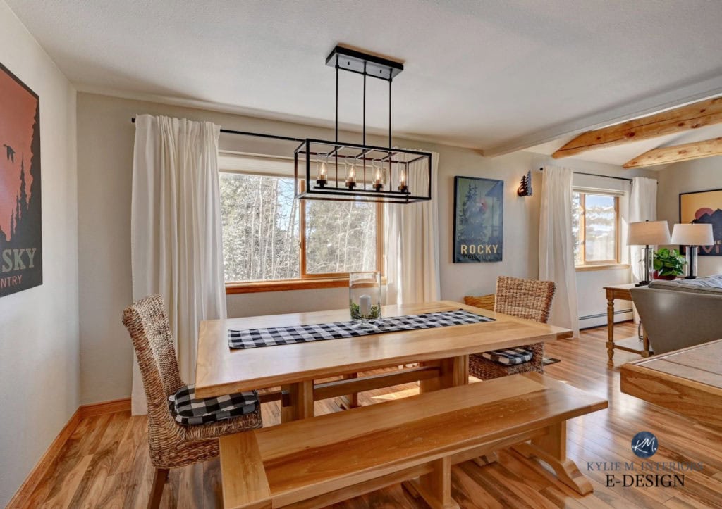 Dining room in rustic mountain style home, wood trim, wood floors and table. Benjamin MOore Edgecomb Gray paint colour on walls. Kylie M Edesign