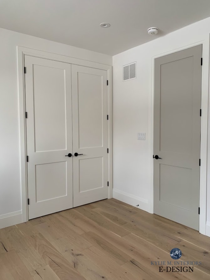 Interior doors painted grey, Benjamin Moore Revere Pewter and White Dove, white oak flooring, black hardware. Kylie M Interiors Edesign