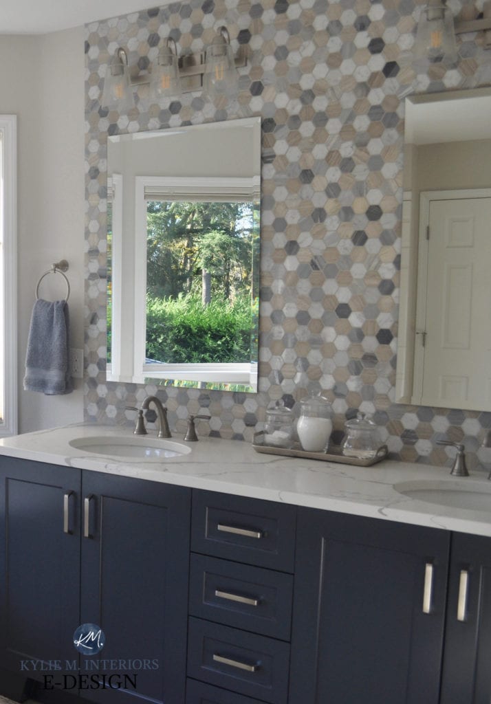 Kylie M Interiors Edesign, Bathroom, navy blue vanity similar Benjamin Hale Navy, beige, white blue hexagon tile backsplash. white quartz countertop, Egret White Sherwin Williams paint on walls