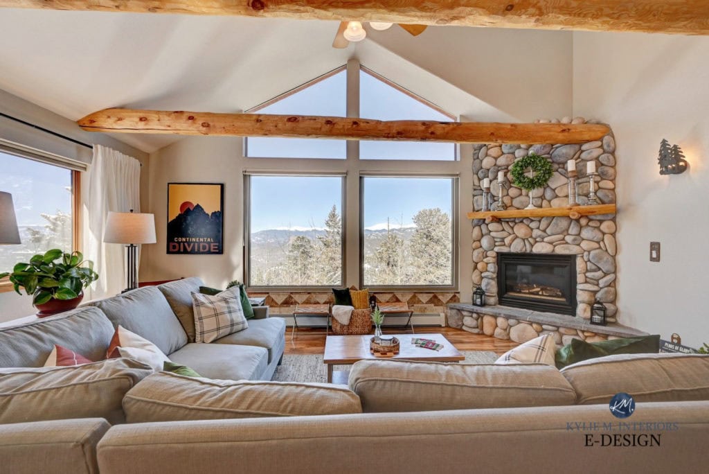 Living room, vaulted ceiling, river rock stone fireplace, wood beams, wood trim, Kylie M Interiors Edesign, Benjamin Moore Edgecomb Gray paint