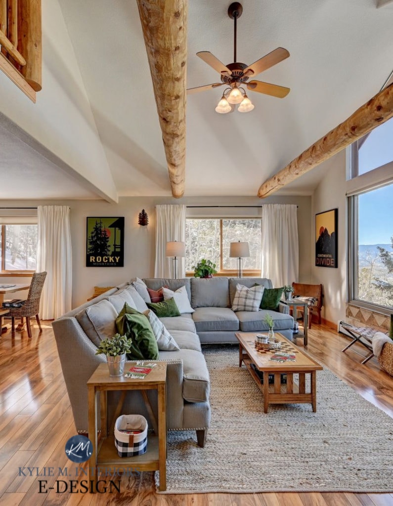 Living room, vaulted ceiling, wood beams, Benjamin Moore Edgecomb Gray paint color on walls, wood trim. Kylie m INteriors Edesign, sectional