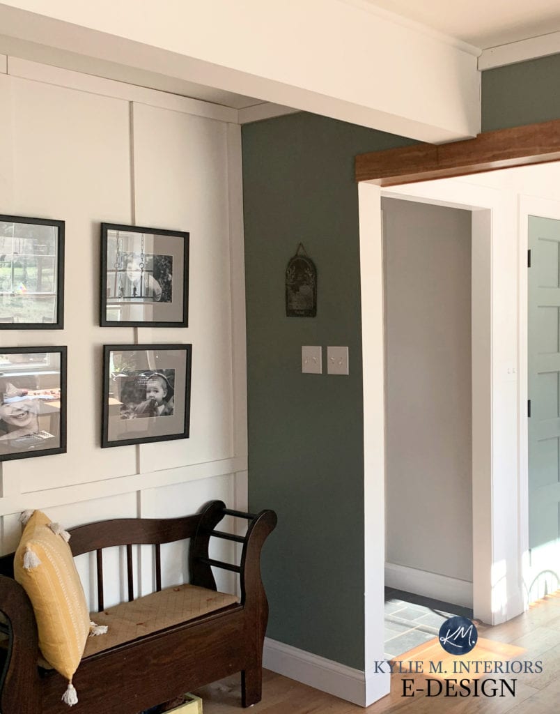 Magnolia Silverado Sage, green paint colour with Pure White feature wall, gallery wall. Kylie M Interiors Edesign, best green paint colours.