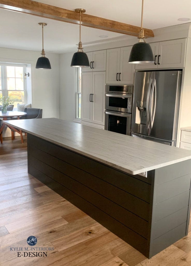 Quartzite countertop off white greige, White Macaubus, Sherwin Williams Urbane Bronze island, Agreeable Gray cabinets, Pure White walls, black pendants. Kylie M Interiors Edesign