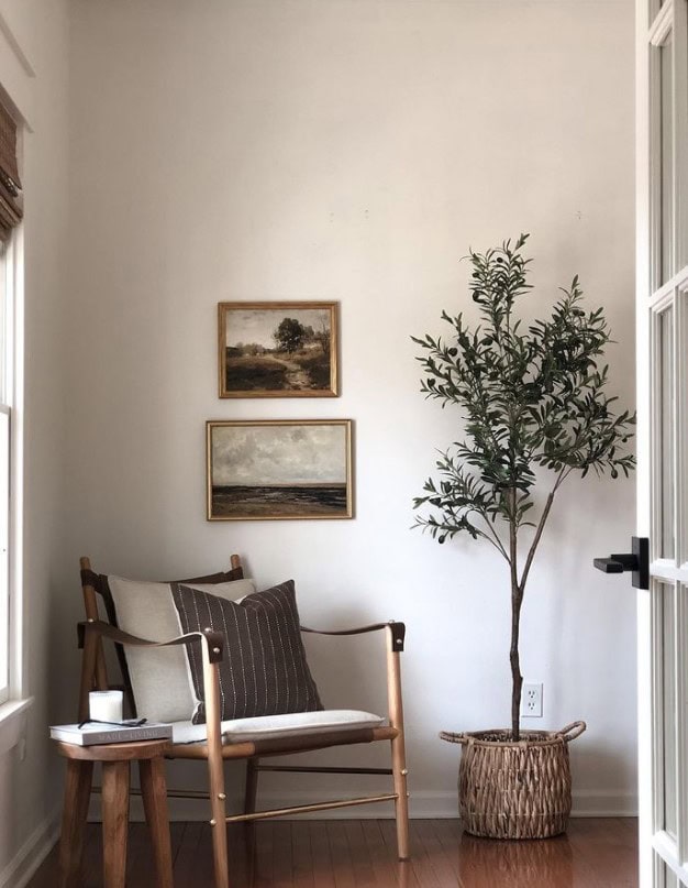 Sherwin Williams Alabaster warm white paint color on walls and trim, Anthropologie chair, Jenna Christian blog, Kylie M Edesign
