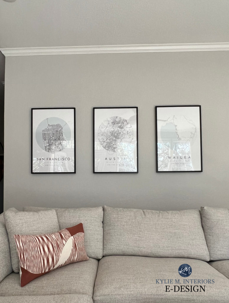 Sherwin Williams Crushed Ice with sofa and gallery walls. Kylie M Interiors Edesign, best grey paint colour