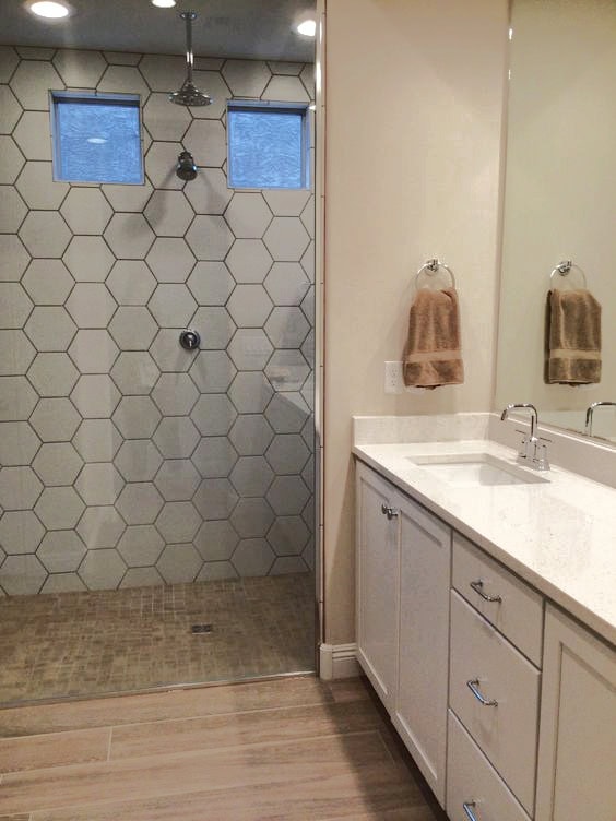 Sherwin Williams Natural Linen best beige warm neutral paint colour, bathroom, beige tile, white vanity, Kylie M Design and decorating