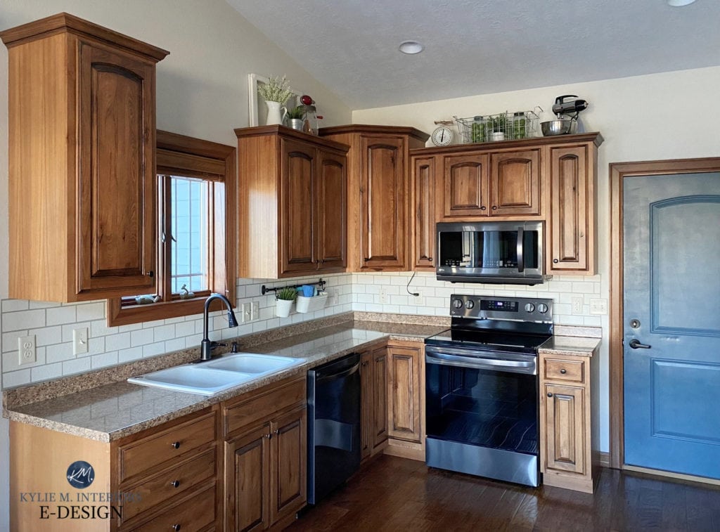 Sherwin Williams White Duck, Bunglehouse Blue, oak wood cabinets, wood trim, laminate countertop, subway tile diy, Kylie M Interiors