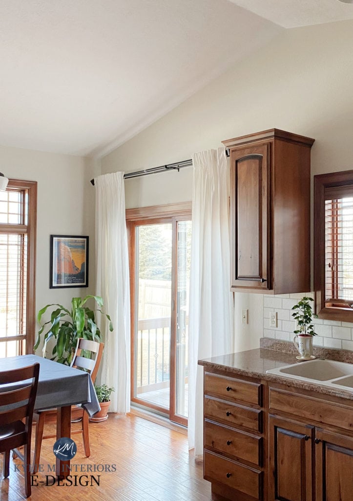 Sherwin Williams White Duck with wood trim and oak wood cabinets in dining room and kitchen, black hardware and update ideas. painted subway tile backsplash. Kylie M Interiors Edesign (2)