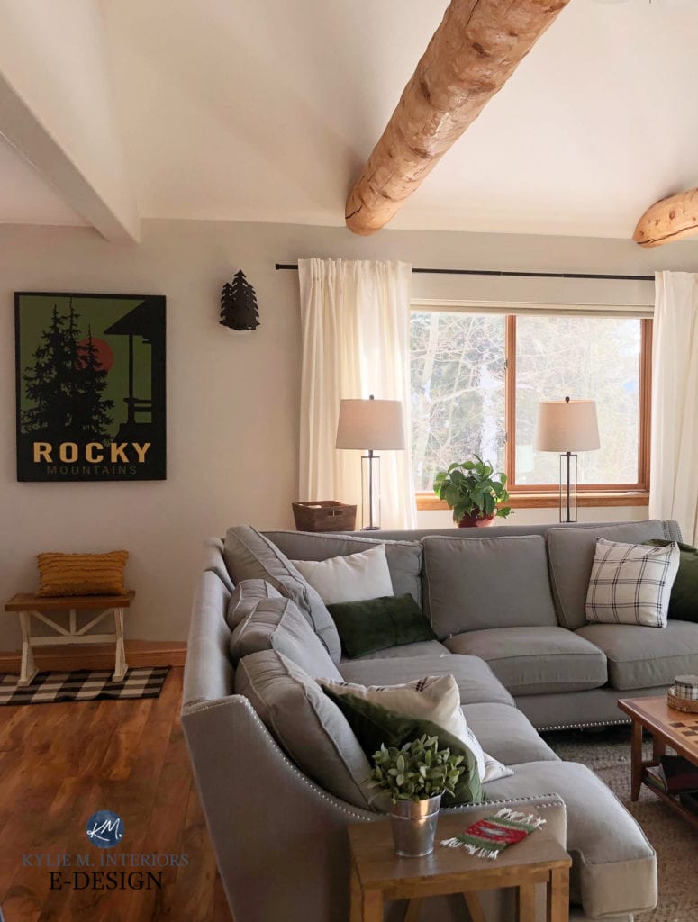 living room, rustic mountain style home, wood beams, wood trim, Benjamin Moore Edgecomb Gray paint color on walls. Kylie M Interiors Edesign