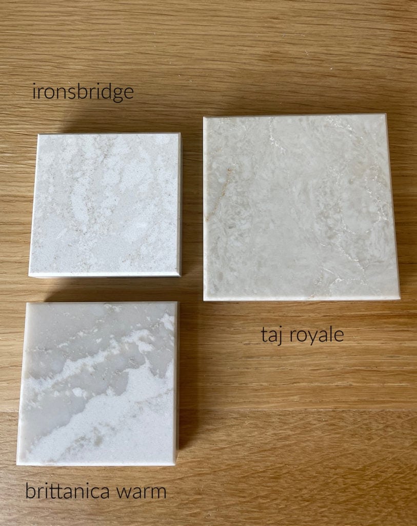 warm off white popular quartz countertops, Ironsbridge, Taj Royale and Cambria Brittanica Warm