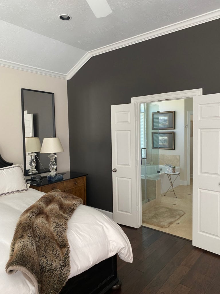 Benjamin Moore Maritime White bathroom and bedroom, travertine tile, Sherwin Urbane Bronze feature accent wall. Kylie M (2)