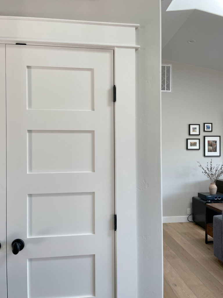 Sherwin Williams Repose Gray best warm gray paint color on walls with white trim, light wood flooring. Kylie M.