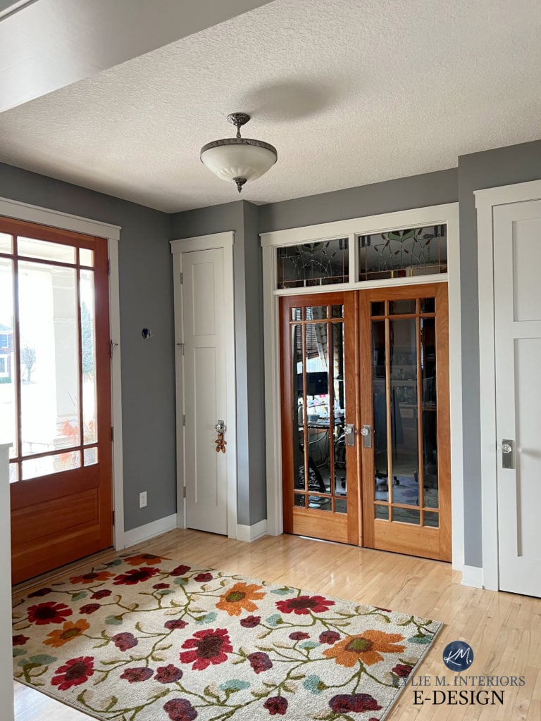 Wood doors with white trim, Benjamin Moore Graystone paint color on the walls, White Dove trim, Kylie M Interiors Edesign