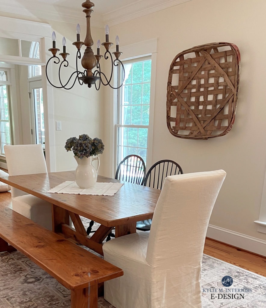 Benjamin Moore Navajo White, modern farmhouse style dining room. Best cream paint colour, Cloud White trim. Kylie M Interiors