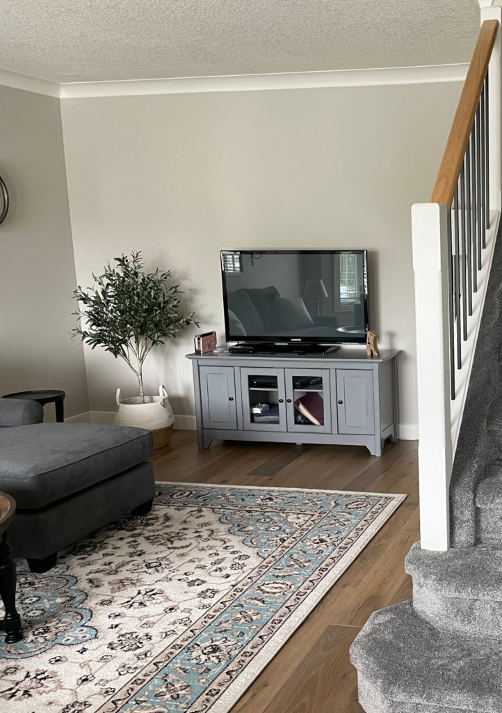family room, Benjamin Moore Rodeo, warm gray with undertones, gray carpet, wood floor. Kylie M's best paint colors