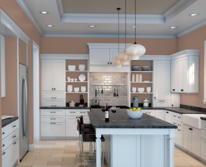Sherwin Williams Redend Point in kitchen travertine tile, black gray granite and white cabinets. Sherwin Williams visualizer with Kylie M