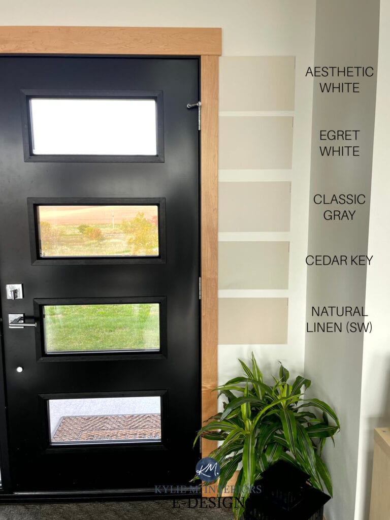 Aesthetic, Egret, Classic, Cedar Key, Natural Linen. Neutral paint colours with wood trim. Kylie M