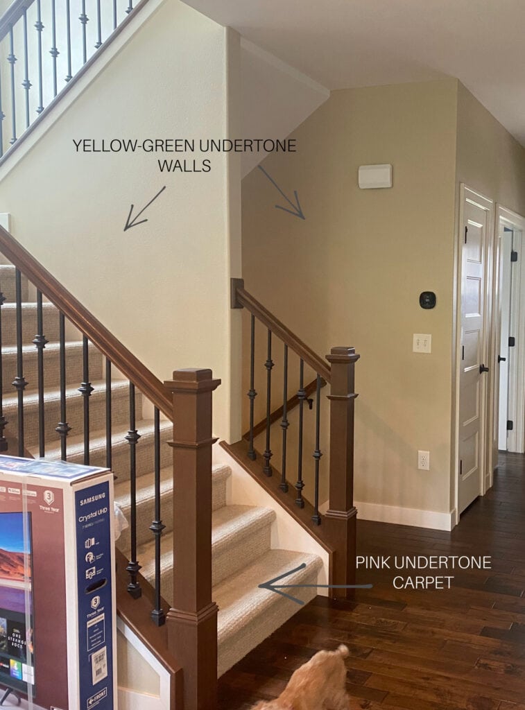Benjamin Moore Grant Beige undertones with carpet on stairs and dark wood flooring. Kylie M paint color blogger