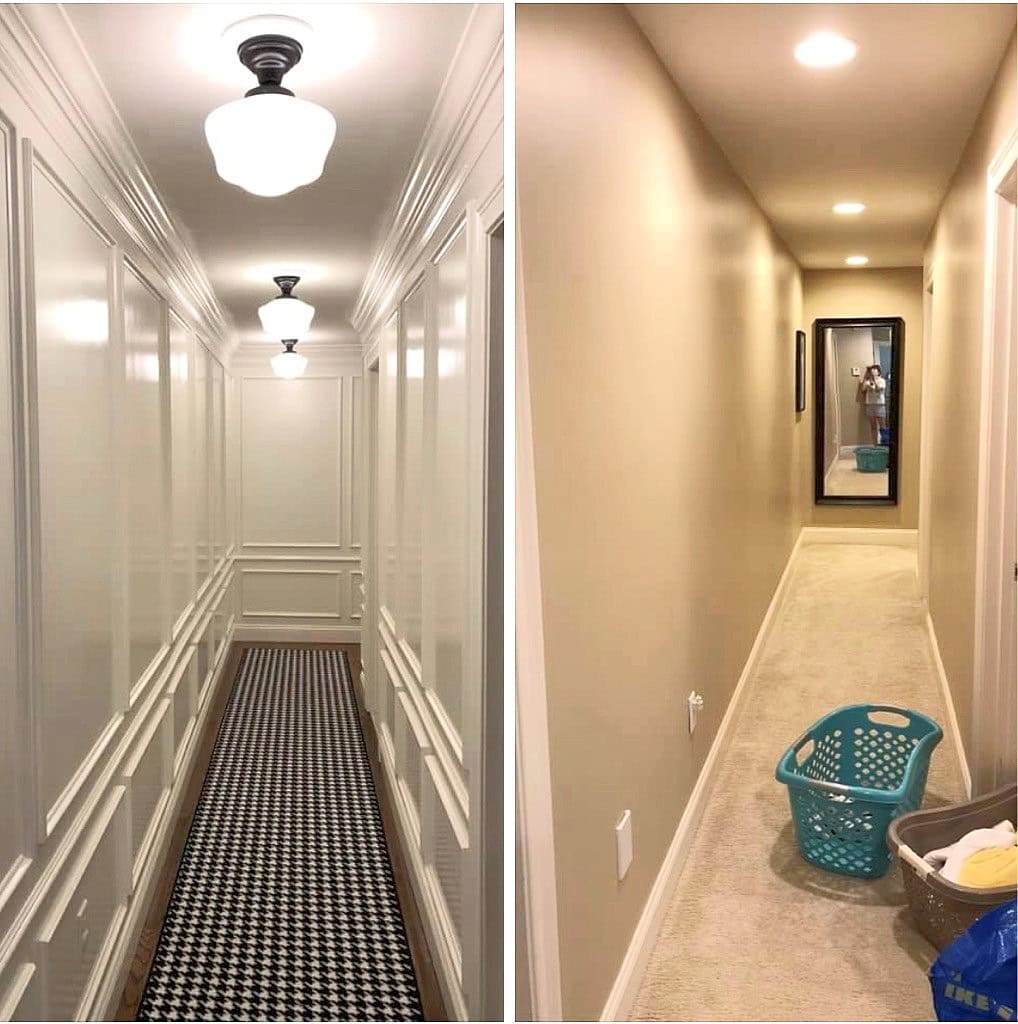 Benjamin Moore White Dove, make boring hallway interesting with moulding, wood floor, carpet runner. Kylie M