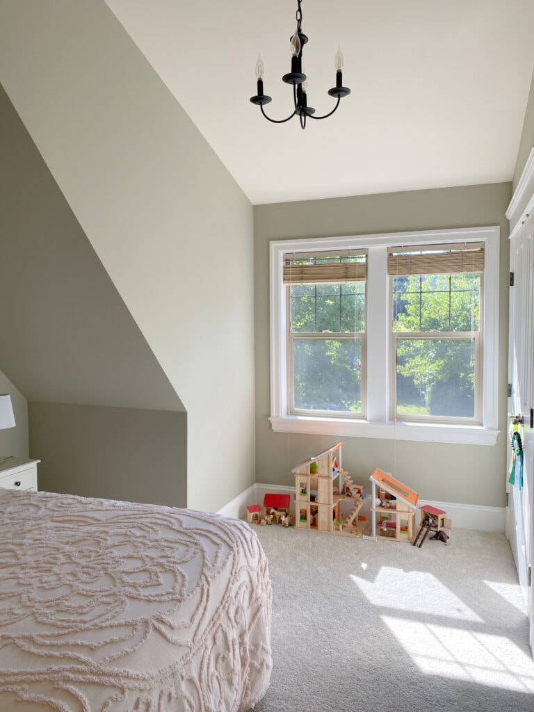 Best green paint color, Benjamin MOore Spanish Olive, south facing light, beige tan carpet. White trim. Before photo Kylie M Edesign