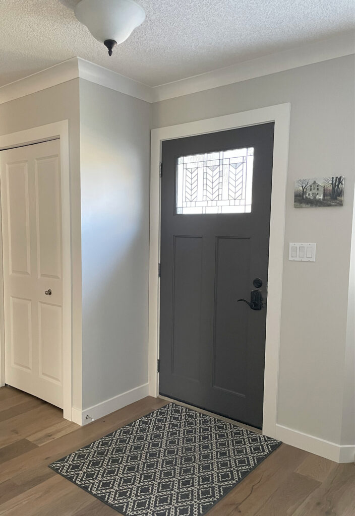 Front door painted Benjamin Moore Iron Mountain, glass insert, Crafstman style, walls Light Pewter, white trim. Kylie M