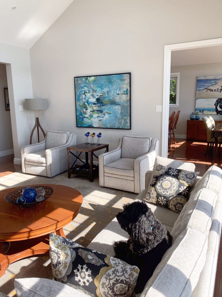 Sherwin Williams Agreeable Gray best greige paint color on walls with neutral furniture and home decor in living room