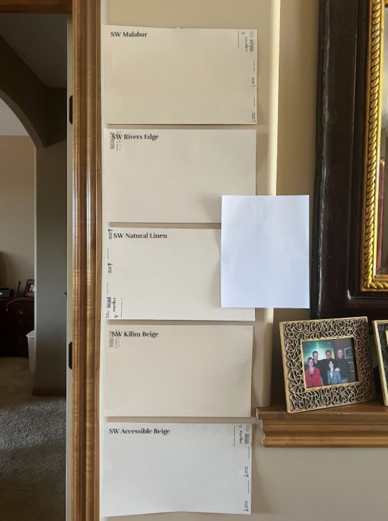Sherwin Williams Malabar, Rivers Edge, Natural Linen, Kilim Beige, Accessible Beige, different comparing warm neutrals. Kylie M.