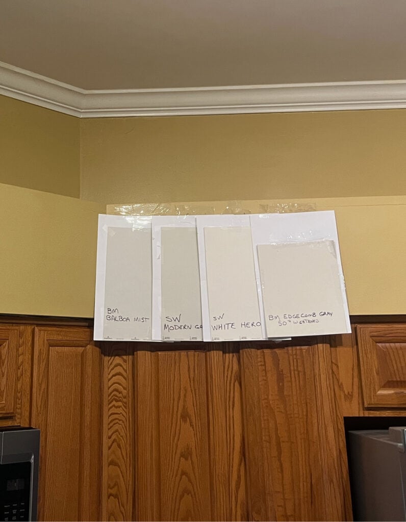 Sherwin Williams Modern Gray, White Heron, Benjamin Moore Edgecomb Gray. Comparing warm neutral paint colours
