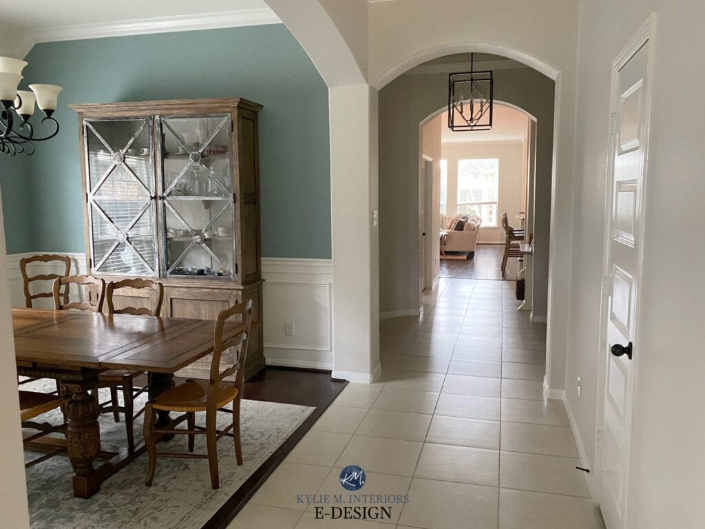 Benjamin Moore Stratton Blue, Edgecomb Gray lightened 25, hallway and dining room, vintage wood furniture. Kylie M Edesign, beige tile