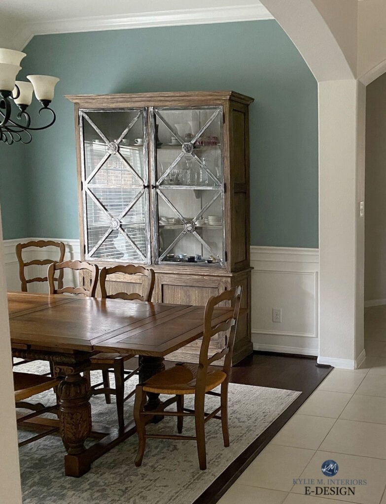 Benjamin Moore Stratton Blue, wainscoting in dining room dark wood furniture, vintage style. Best blue green paint colour. Kylie M Edesign. Edgecomb in hallway