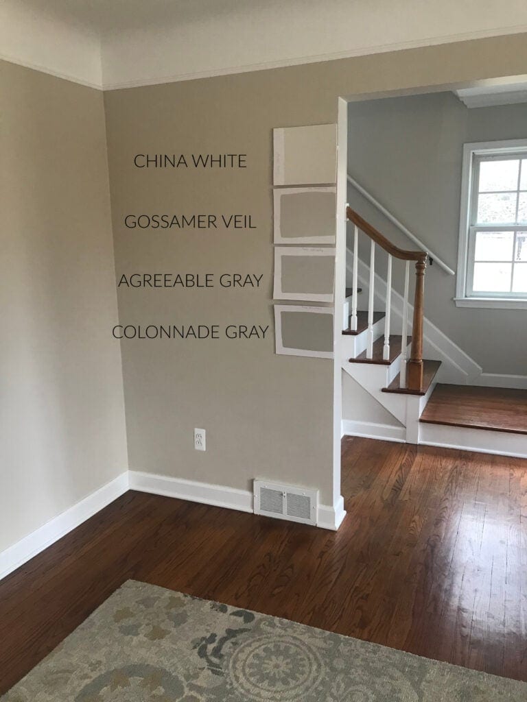 Comparing differences of China White, Gossamer, Agreeable vs Colonnade. Kylie M Edesign