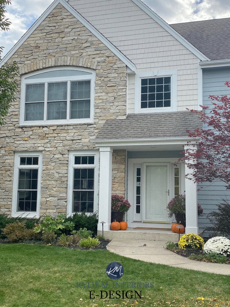 Stone on exterior, asphalt roof, Aesthetic White darkened, Sherwin Williams Mineral Deposit, Kylie M