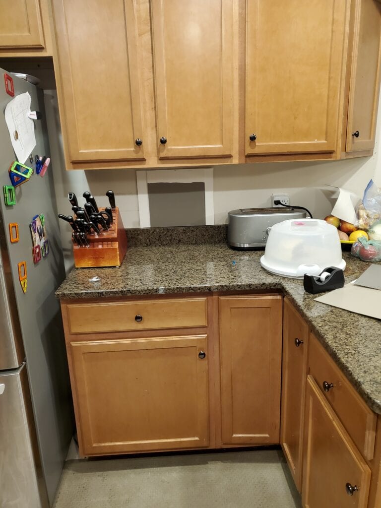Benjamin Moore Metropolis with granite countertop.Where to place paint samples, Samplize, with countertops. Kylie M tips and ideas (2)
